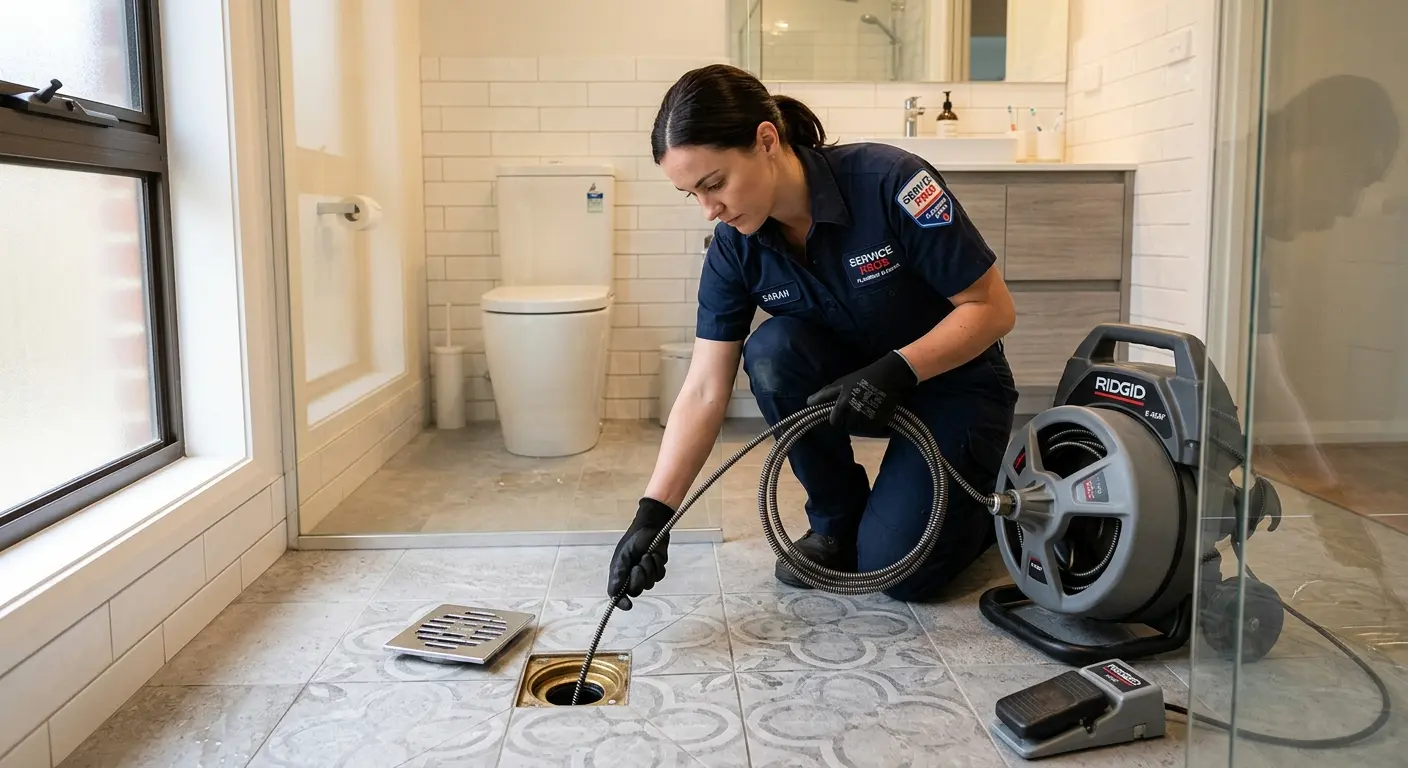 Technician clearing a bathroom floor drain for Sewer Line Installation in Dingman